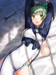  1girl ainu_clothes aqua_bow arms_up bangs black_ribbon blush bow breast_padding chains clothes_writing colored_eyelashes cosplay covered_navel day eyebrows_visible_through_hair from_above green_hair green_panties hair_bow indoors kamoi_(kantai_collection) kamoi_(kantai_collection)_(cosplay) kantai_collection kyon_(fuuran) long_hair long_sleeves looking_at_viewer panties parted_lips pelvic_curtain ponytail revision ribbon shiny shiny_hair sidelocks solo sunlight tabard tassel underbust underwear window_shade wrench yellow_eyes yuubari_(kantai_collection) 