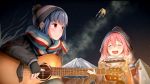  2girls :d ^_^ bangs beige_gloves black_gloves black_jacket blue_hair blurry blurry_background blush campfire casino_(casinoep) closed_eyes closed_mouth commentary_request depth_of_field eyebrows_visible_through_hair fingerless_gloves fingernails fire flying gloves guitar hair_between_eyes harmonica highres holding holding_instrument instrument jacket kagamihara_nadeshiko liftoff long_hair long_sleeves looking_at_another looking_away mount_fuji multiple_girls nail_polish night night_sky open_mouth outdoors pink_hair pink_nails rocket rocket_tent scarf shima_rin sidelocks sitting sky smile star_(sky) starry_sky striped striped_scarf tent upper_teeth violet_eyes yurucamp 