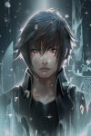  1boy black_hair black_jacket black_shirt blue_eyes closed_mouth commentary final_fantasy final_fantasy_xv hair_over_eyes highres jacket looking_at_viewer male_focus nikusenpai noctis_lucis_caelum open_clothes open_jacket portrait_de_louis_xiv serious shirt solo upper_body wing_collar 
