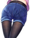  1girl blue_shorts denim denim_shorts fine_fabric_emphasis gurande_(g-size) head_out_of_frame highres lower_body ooashi_ran original pantyhose pink_shirt shirt shorts simple_background solo thigh_gap white_background 