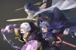  1girl 2boys blue_hair book cape falchion_(fire_emblem) father_and_daughter fire_emblem fire_emblem:_kakusei krom long_hair lucina magic male_my_unit_(fire_emblem:_kakusei) mamkute multiple_boys my_unit_(fire_emblem:_kakusei) nightynightowl open_mouth robe short_hair simple_background smile tiara white_hair 