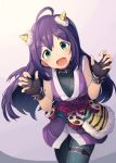  1girl bracelet collar eyebrows_visible_through_hair fingerless_gloves gloves highres horns idolmaster idolmaster_million_live! japanese_clothes jewelry long_hair looking_at_viewer mochizuki_anna open_mouth purple_hair sleeveless solo thigh_strap yoshika_(music480069) 