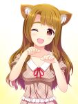  1girl :d animal_ears bangs blunt_bangs blush breasts brown_eyes brown_hair cleavage commentary_request copyright_request dot_nose eyebrows_visible_through_hair gradient gradient_background highres looking_at_viewer medium_breasts neck_ribbon open_mouth paw_pose red_neckwear red_ribbon ribbon smile solo totokichi upper_body yellow_background 