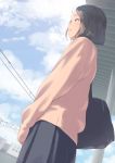  1girl absurdres bag blue_skirt blue_sky blush comic_koh commentary_request day from_below from_side grey_hair highres kamo_(gafas) original outdoors parted_lips short_hair shoulder_bag skirt sky solo standing sweater telephone_pole train_station 