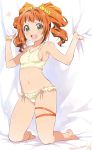  1girl artist_name bed_sheet blush bracelet brown_hair green_eyes highres idolmaster idolmaster_(classic) inoue_sora jewelry midriff navel open_mouth sheet_grab short_hair smile solo swimsuit takatsuki_yayoi tankini thigh_strap twintails twitter_username yellow_swimsuit 