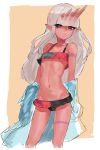  1girl bangs bikini blunt_bangs breasts bright_pupils contrapposto dark_skin frilled_bikini frills grey_hair horns long_hair looking_at_viewer multicolored multicolored_bikini multicolored_clothes multiple_horns navel off_shoulder oni oni_horns orange_background original pointy_ears simple_background small_breasts solo standing suisogenshi swimsuit undressing violet_eyes 