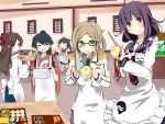  apron black_hair brown_hair cooking green_eyes houshou_(kantai_collection) irako_(kantai_collection) kantai_collection katori_(kantai_collection) knife light_brown_hair long_hair mamiya_(kantai_collection) pot purple_hair smile taigei_(kantai_collection) violet_eyes yuu_(alsiel) 