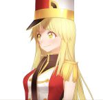  1girl blonde_hair blush breasts closed_mouth commentary_request fpanda from_side hat highres long_hair medium_breasts original peaked_cap simple_background smile solo spaulders uniform white_background yellow_eyes 