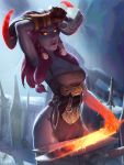  1girl apron artist_name braid breasts cleavage dated deviantart_sample fire genderswap genderswap_(mtf) georgy_stacker gloves hammer highres horns image_sample league_of_legends long_hair open_mouth ornn pink_hair purple_skin red_sclera snowing solo sword weapon yellow_eyes 