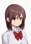 1girl bow bowtie brown_eyes brown_hair closed_mouth collared_shirt commentary_request eyebrows_visible_through_hair eyes_visible_through_hair grey_background kawai_makoto original plaid red_neckwear shirt short_hair simple_background solo upper_body wing_collar 
