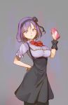  absurdres bent_elbows black_flower black_ribbon black_rose blue_eyes bow breasts dagashi_kashi1girl flower hair_flower hair_ornament hair_ribbon hairband hand_on_hip high-waist_skirt highres holding large_breasts pantyhose purple_hair red_bow ribbon rose shidare_hotaru skirt solo suspender_skirt suspenders tim_loechner 