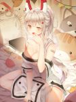  1girl :&lt; animal_pillow ayanami_(azur_lane) azur_lane bandaid bandaid_on_shoulder bangs bare_shoulders bed bedroom blue_hair blush blush_stickers box breasts cat_pillow cleavage dog_pillow eyebrows_visible_through_hair hair_between_eyes hair_over_shoulder half-closed_eye hand_up headgear holding holding_pillow indoors large_breasts light_particles long_hair looking_at_viewer mellozzo multicolored_hair niconico off_shoulder on_bed open_mouth orange_eyes panties panties_removed pillow polka_dot polka_dot_panties ponytail redhead ribbon_panties shade shiny shiny_hair shirt short_sleeves sidelocks silver_hair sitting solo streaked_hair tears underwear unicorn_pillow very_long_hair waking_up white_panties white_shirt yawning 