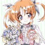  1girl artist_name badge bangs black_ribbon black_skirt blue_eyes bouquet brown_hair closed_mouth commentary_request english eyebrows_visible_through_hair flower frilled_shirt frills green_background hair_ribbon happy_birthday highres holding holding_bouquet kuroi_mimei long_sleeves looking_at_viewer lyrical_nanoha mahou_shoujo_lyrical_nanoha ribbon shirt short_hair short_twintails signature sketch skirt smile solo striped striped_background suspender_skirt suspenders takamachi_nanoha twintails upper_body vertical-striped_background vertical_stripes white_shirt 
