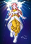  adult_transformation boots breasts chronoa_(dragon_ball) circlet commentary commentary_request dated dragon_ball dragon_ball_heroes earrings glowing highres jewelry karoine long_hair pink_hair pink_skin pointy_ears pose potara_earrings signature supreme_kai_of_time transformation yellow_eyes 