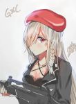  1girl assault_rifle bangs beret blush braid breasts character_name cleavage closed_mouth collarbone eyebrows_visible_through_hair g36c g36c_(girls_frontline) girls_frontline gloves grey_background grey_hair gun hair_over_one_eye hat holding holding_gun holding_weapon jacket large_breasts long_hair looking_at_viewer red_eyes rifle shipi_(sinonpigyueo) side_braid sidelocks signature silver_hair simple_background solo very_long_hair weapon 