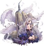  1girl artist_request bare_shoulders boots dress elbow_gloves from_behind gloves grey_eyes looking_at_viewer mont_saint-michel_(oshiro_project) official_art oshiro_project oshiro_project_re silver_hair sitting solo thigh-highs thigh_boots tiara torn_clothes torn_dress wavy_mouth wings 