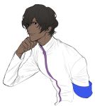  1boy arjuna_(fate/grand_order) black_eyes black_hair closed_mouth commentary_request dark_skin dark_skinned_male fate/grand_order fate_(series) jacket kanapy long_sleeves looking_at_viewer male_focus simple_background solo upper_body white_background white_jacket 
