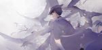  1boy animal artist_name bird black_hair cape commentary dove feathers from_behind gloves grey_sky hat highres kaitou_kid kuroba_kaito magic_kaito male_focus muted_color nineo outstretched_arms solo spread_arms top_hat white_cape white_feathers white_gloves white_hat 