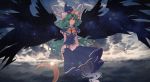  1girl :&lt; artist_request bow capelet closed_mouth clouds crescent_moon full_body ghost_tail green_eyes green_hair hat highres lens_flare long_hair long_sleeves mima moon ribbon skirt sky solo staff star star_(sky) starry_sky sunset touhou touhou_(pc-98) white_ribbon wizard_hat yellow_bow 