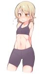  1girl @_@ arms_behind_back bare_shoulders bike_shorts black_bra black_shorts blush bra brown_eyes closed_mouth cowboy_shot flying_sweatdrops idolmaster idolmaster_cinderella_girls light_brown_hair long_hair morikubo_nono navel nose_blush ringlets short_shorts shorts simple_background solo sweat toned training_bra underwear ushi white_background 