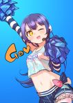  1girl arm_up bangs bare_shoulders blue_background blue_hair blush cheerleader commentary_request cowboy_shot elbow_gloves gloves goe_(g-o-e) hair_between_eyes headphones headset heart highres holding long_hair looking_at_viewer love_live! love_live!_school_idol_project midriff navel one_eye_closed open_mouth pom_poms simple_background skirt smile solo sonoda_umi striped striped_gloves takaramonozu thigh-highs yellow_eyes 