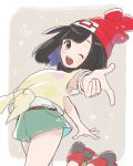  1girl ;d armpit_peek beanie blush floral_print hat miu_(miuuu_721) mizuki_(pokemon_sm) one_eye_closed open_mouth pointing pointing_at_viewer pokemon pokemon_(game) pokemon_sm shirt short_hair short_sleeves shorts smile solo tied_shirt 