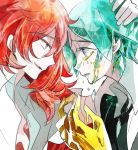  androgynous colored_eyelashes crack crying crying_with_eyes_open face-to-face forehead-to-forehead gem_uniform_(houseki_no_kuni) golden_arms green_eyes green_hair hand_on_another&#039;s_head houseki_no_kuni long_hair looking_at_another necktie open_clothes open_shirt padparadscha_(houseki_no_kuni) phosphophyllite red_eyes redhead short_hair shumiko_(kamenokoueki) tears 