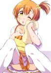  1girl ;o blush clenched_hand commentary_request hair_bobbles hair_ornament hand_on_own_chest hoshizora_rin love_live! love_live!_school_idol_project miniskirt one_eye_closed orange_hair sen_(sen0910) short_hair side_ponytail sitting skirt solo sweat thigh-highs towel white_background white_legwear wiping_face yellow_eyes 