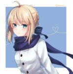  1girl absurdres ahoge arms_behind_back artoria_pendragon_(all) bangs blue_background blue_scarf blush braid closed_mouth coat commentary_request eyebrows_visible_through_hair fate/stay_night fate_(series) green_eyes hair_bun highres long_sleeves looking_at_viewer saber scarf short_hair simple_background smile solo tanaji twitter_username upper_body white_coat 