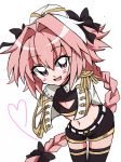  1boy :d aiguillette arms_behind_back astolfo_(fate) bangs black_bow black_legwear black_shirt black_shorts blush bow braid cleavage_cutout commentary_request cowboy_shot crop_top cropped_jacket dot_nose epaulettes eyebrows_visible_through_hair fang fate/apocrypha fate_(series) fringe gold_trim groin hair_between_eyes hair_bow hair_intakes hat heart high_collar highres jacket leaning_forward long_hair long_sleeves looking_at_viewer male_focus multicolored_hair navel open_clothes open_jacket open_mouth pink_hair raised_eyebrows shiny shiny_hair shirt short_shorts shorts simple_background single_braid sketch smile solo standing stomach streaked_hair thigh-highs thigh_gap trap turtleneck two-tone_hair very_long_hair violet_eyes white_background white_belt white_hair white_hat white_jacket 