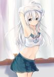  1girl :o absurdres anchor_symbol armpits arms_up bangs blue_eyes blush breasts clothes_writing commentary_request contrapposto cowboy_shot crop_top curtains eyebrows_visible_through_hair hair_between_eyes hibiki_(kantai_collection) highres indoors kantai_collection long_hair looking_at_viewer midriff navel pleated_skirt russian shirt silver_hair sketch skirt sleeveless small_breasts solo standing undressing uzuki_tsukuyo window 