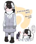 alternate_costume alternate_hairstyle black_hair blush check_translation child commentary_request emperor_penguin_(kemono_friends) eyebrows_visible_through_hair flying_sweatdrops hair_over_one_eye headphones hood hoodie kemono_friends multicolored_hair oversized_clothes scarf seto_(harunadragon) signature sweatdrop translation_request white_hair 