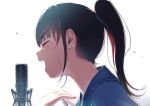  1girl :d bangs blue_jacket blunt_bangs brown_hair closed_eyes commentary_request eyebrows_visible_through_hair jacket microphone mole mole_under_eye open_mouth original ponytail satsuki_neko simple_background smile solo white_background 