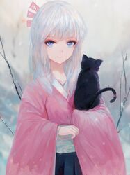  1girl animal bangs blue_eyes blue_skirt blurry blurry_background cat closed_mouth commentary_request day depth_of_field eyebrows_visible_through_hair highres japanese_clothes kimono kisei2 long_hair long_sleeves looking_at_viewer obi original outdoors pink_kimono pleated_skirt sash short_kimono silver_hair skirt sleeves_past_fingers sleeves_past_wrists smile solo wide_sleeves 