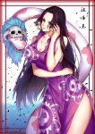  1girl absurdres animal bare_arms bare_shoulders black_hair blue_eyes boa_hancock breasts china_dress chinese_clothes cleavage dress earrings head_tilt highres jewelry large_breasts lips long_hair one_piece purple_dress salome_(one_piece) snake snake_earrings wide_hips wwwwen 