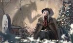  1girl against_wall bloodborne bonnet cloak closed_eyes doll_joints flower highres hunter_(bloodborne) plain_doll plant shadow silver_hair sitting solo_focus wall wlop 