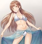  1girl bare_arms bare_shoulders bikini blush breasts breasts_apart brown_eyes brown_hair closed_mouth collarbone contrapposto cowboy_shot earrings eyebrows_visible_through_hair glint gluteal_fold gradient gradient_background grey_background head_tilt idolmaster idolmaster_cinderella_girls irohakaede jewelry lips long_hair medium_breasts navel nitta_minami sarong_hold see-through shiny shiny_hair smile solo standing stomach straight_hair swimsuit thighs very_long_hair white_bikini 