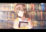  1girl bangs blurry blurry_background book bookshelf brown_hair depth_of_field hairband holding holding_book holding_to_chest kazuma_(theworld000021) kunikida_hanamaru letterboxed library long_hair long_sleeves looking_at_viewer love_live! love_live!_sunshine!! short_over_long_sleeves solo sweater upper_body yellow_eyes 