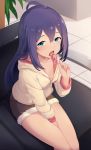  1girl ahoge aqua_eyes candy collarbone eyebrows_visible_through_hair food highres hood hoodie idolmaster idolmaster_million_live! indoors lollipop long_hair looking_at_viewer mochizuki_anna open_mouth purple_hair shorts sitting solo tongue tongue_out yoshika_(music480069) 