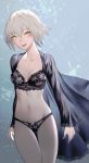  1girl ahoge blonde_hair blush bra breasts cleavage collarbone fate/grand_order fate_(series) floral_print groin highres jeanne_d&#039;arc_(alter)_(fate) jeanne_d&#039;arc_(fate)_(all) lace lace-trimmed_bra lace-trimmed_panties lingerie looking_at_viewer medium_breasts navel open_clothes open_robe panties robe salmon88 short_hair smile solo stomach underwear yellow_eyes 