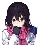 1girl absurdres bag black_gloves black_hair blush brown_eyes closed_mouth enpera fur_trim gloves hair_between_eyes highres jacket long_sleeves looking_at_viewer max_melon original red_scarf scarf school_bag simple_background solo white_background white_jacket 