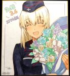 1girl :d black_hat black_jacket blonde_hair blue_flower blue_rose blush bouquet character_request closed_eyes eyebrows_visible_through_hair facing_viewer fingernails flower girls_und_panzer hair_between_eyes hat highres holding jacket long_hair long_sleeves marker_(medium) nakamura_yukitoshi open_mouth photo purple_flower purple_rose rose signature smile solo traditional_media yellow_flower yellow_rose 