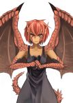  1girl angry armpits black_dress collarbone dragon_girl dragon_tail dragon_wings dress fist_in_hand highres hitokuirou looking_at_viewer monster_girl original red_eyes redhead scales short_hair simple_background sleeveless sleeveless_dress solo solo_vivace_(hitokuirou) tail wings 