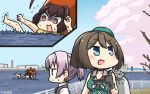  3girls :d beret black_gloves blue_eyes brown_eyes brown_hair cherry_blossoms commentary dated gloves grey_vest hair_ornament hamu_koutarou hat highres ise_(kantai_collection) kantai_collection maya_(kantai_collection) multiple_girls open_mouth petals pink_hair ponytail remodel_(kantai_collection) shiranui_(kantai_collection) shirt short_hair sleeveless smile vest white_shirt x_hair_ornament 