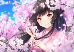  1girl alternate_costume azur_lane black_hair blue_sky blurry blurry_background blush brown_eyes cherry_blossoms clouds day depth_of_field eyebrows_visible_through_hair flower hair_flaps head_tilt holding japanese_clothes kimono long_hair looking_at_viewer pensuke pink_flower pink_kimono shiny shiny_hair sky solo spring_(season) takao_(azur_lane) upper_body very_long_hair 