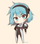  1girl blue_eyes blue_hair blush bodysuit chibi closed_mouth commentary commission hairband head_tilt legs_apart mochii original signature simple_background solo standing yellow_background 