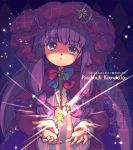  1girl :o argyle bangs blue_ribbon capelet character_name coat commentary_request eyebrows_visible_through_hair frilled_capelet hat hat_ribbon head_tilt iris_anemone long_hair looking_at_viewer magic magic_circle mob_cap open_hands patchouli_knowledge pin purple_coat purple_hair purple_hat red_ribbon ribbon rope shining sidelocks solo star star_(sky) star_and_crescent tareme touhou translation_request upper_body 