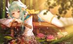  1girl absurdres aqua_hair ass bamboo bamboo_forest blurry bow closed_mouth commentary depth_of_field dragon_girl dragon_horns eyebrows_visible_through_hair fan fate/grand_order fate_(series) fish flower folding_fan forest highres horns japanese_clothes junpaku_karen kiyohime_(fate/grand_order) koi light_smile lily_pad long_hair looking_at_viewer lotus lying nature obi on_stomach partially_submerged pixiv_id pond rain ripples sash solo thigh-highs white_legwear wood yellow_eyes 