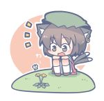  1girl animal_ears bent_knees bloomers blush brown_eyes brown_footwear brown_hair butterfly cat_ears cat_tail chen chibi circle commentary dandelion earrings eyebrows_visible_through_hair flower full_body grass green_hat hat insect jewelry knees_up long_sleeves mob_cap multiple_tails ooyama_bokuchi open_mouth red_background red_skirt shirt short_hair sitting skirt skirt_set socks solo tail touhou two-tone_background two_tails underwear white_background white_legwear white_shirt 