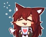  1girl :3 :d =3 =_= animal_ears bangs blue_background blush_stickers brown_hair chibi closed_eyes commentary_request cup eyebrows_visible_through_hair heart holding holding_cup imaizumi_kagerou long_hair long_sleeves lowres mug open_mouth redhead simple_background smile solo touhou wolf_ears wool_(miwol) 